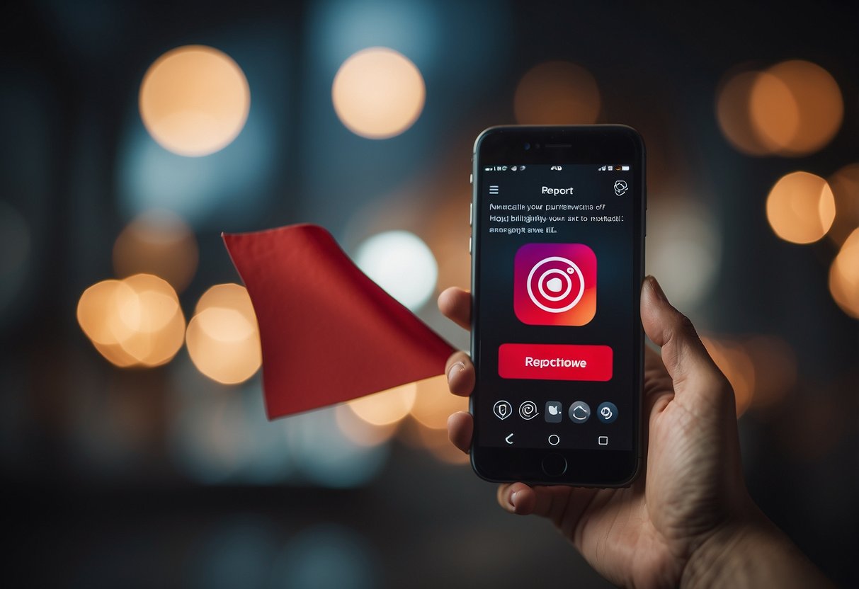 A smartphone displaying a suspicious Instagram message with a red flag icon, while a hand hovers over a "Report" button