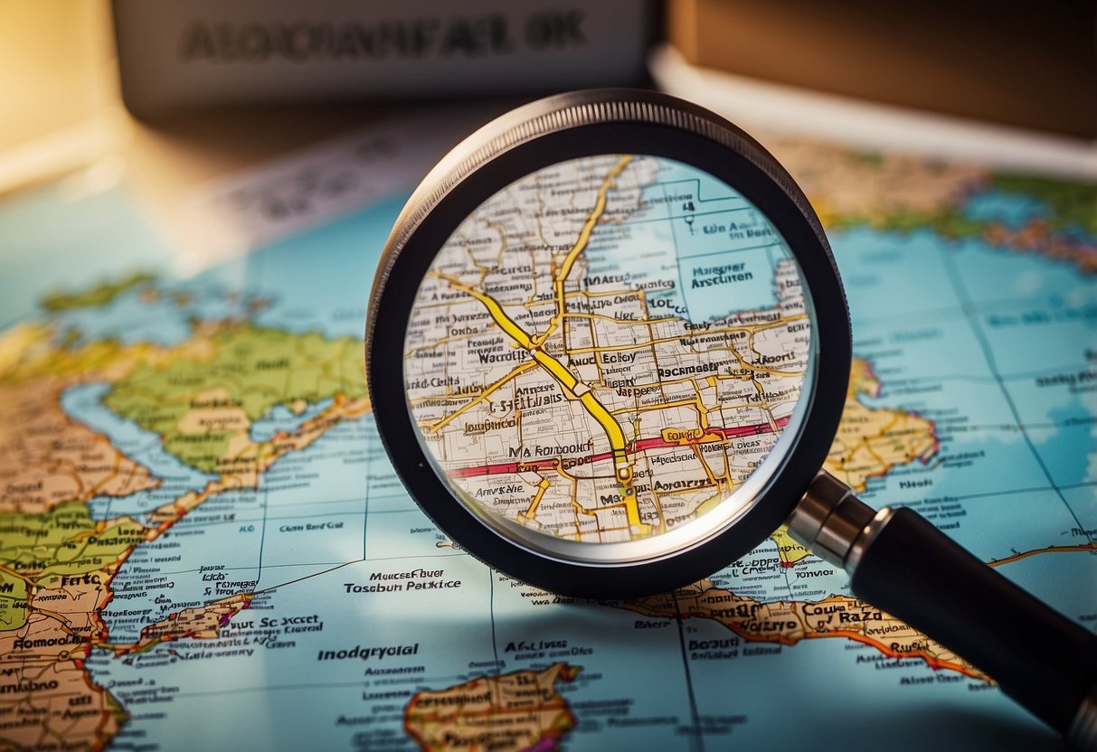 A vibrant Instagram post with a map of a local area, a magnifying glass highlighting key locations, and a graph showing increased sales