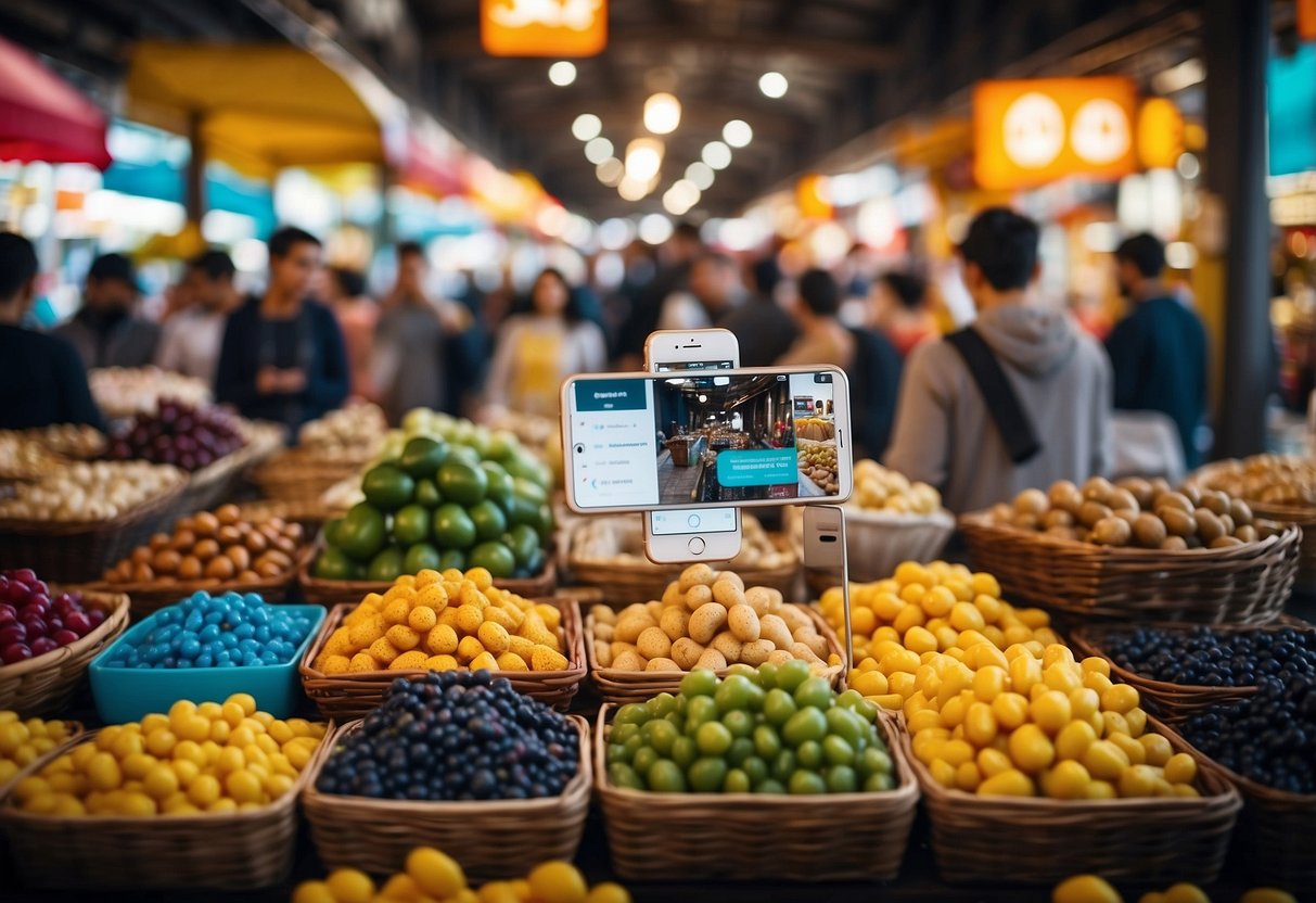 A bustling local market with colorful stalls and signs promoting Instagram accounts. Customers engage with vendors and scan QR codes for exclusive deals