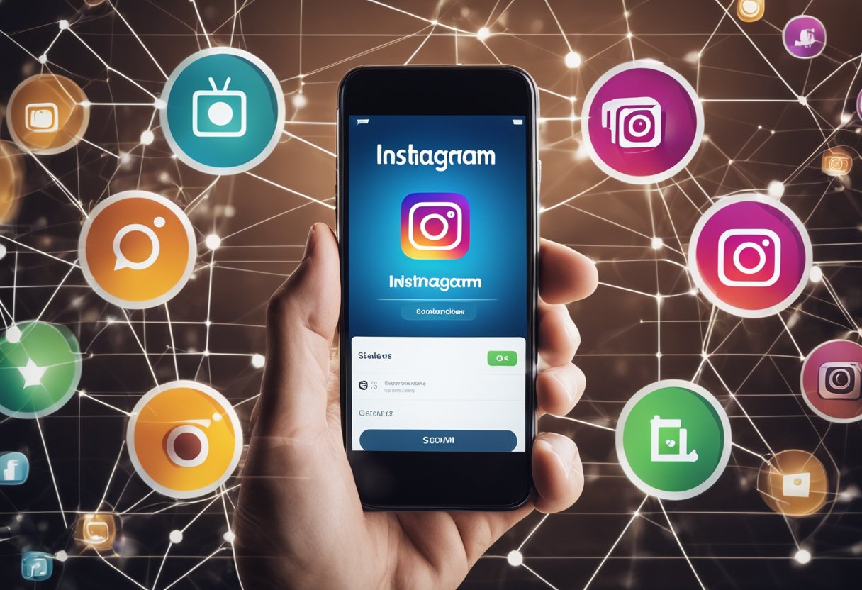 A smartphone displaying Instagram with a growing network of followers, engagement, and sales. Graphs and charts show increasing customer acquisition and revenue