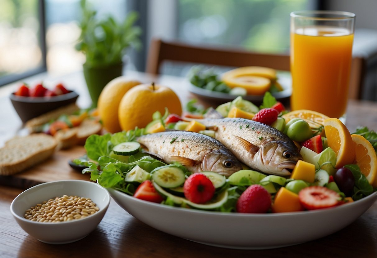 A table filled with colorful fruits, vegetables, and whole grains. A bowl of vibrant salad, a plate of grilled fish, and a glass of fresh juice