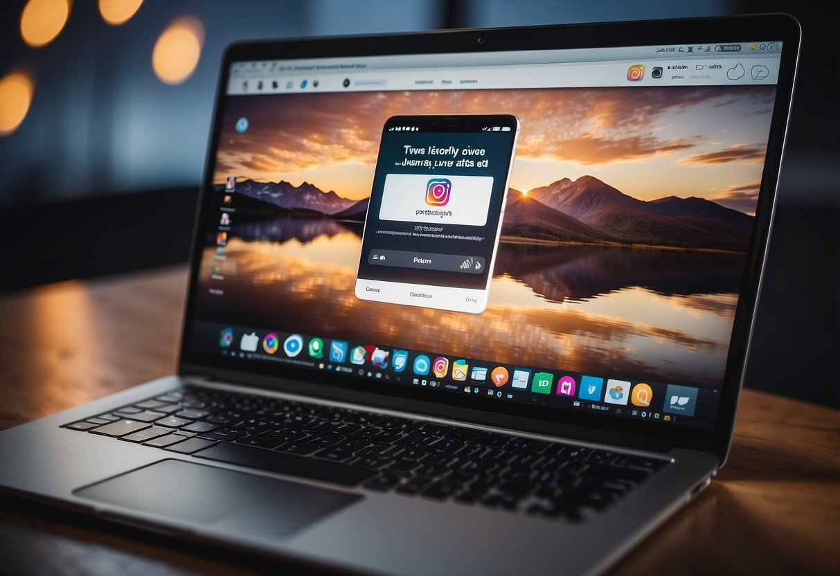 A laptop displaying an Instagram feed with Amazon affiliate links. A trust badge and compliance text are visible