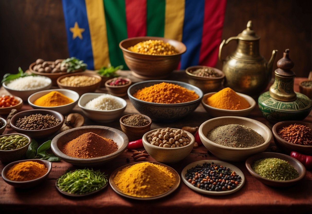 A table filled with colorful dishes from around the world, surrounded by exotic spices and herbs, with a vibrant backdrop of international flags