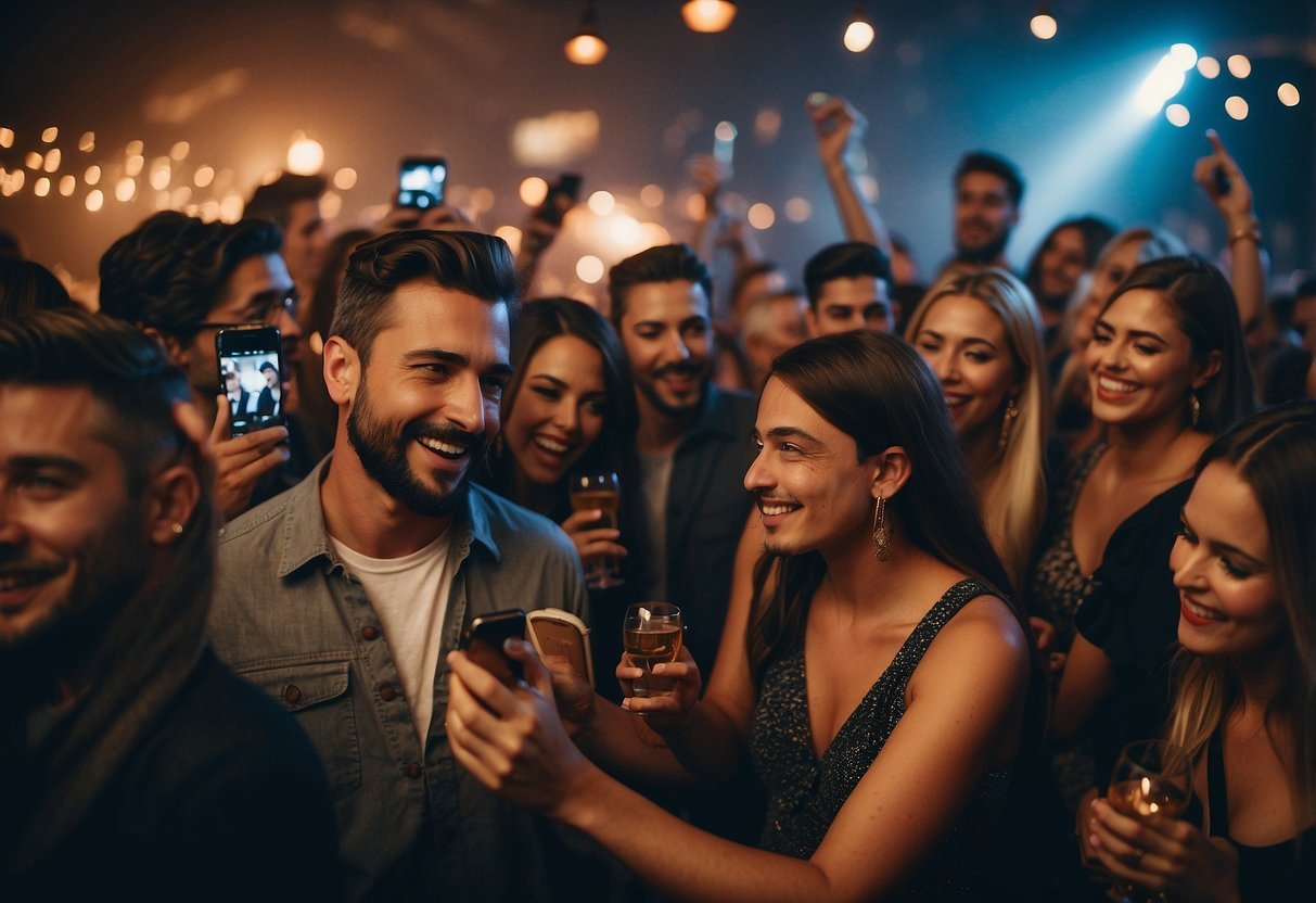 A crowded party with people glued to their phones, scrolling through Instagram. Others look on with a sense of longing and anxiety, depicting FOMO