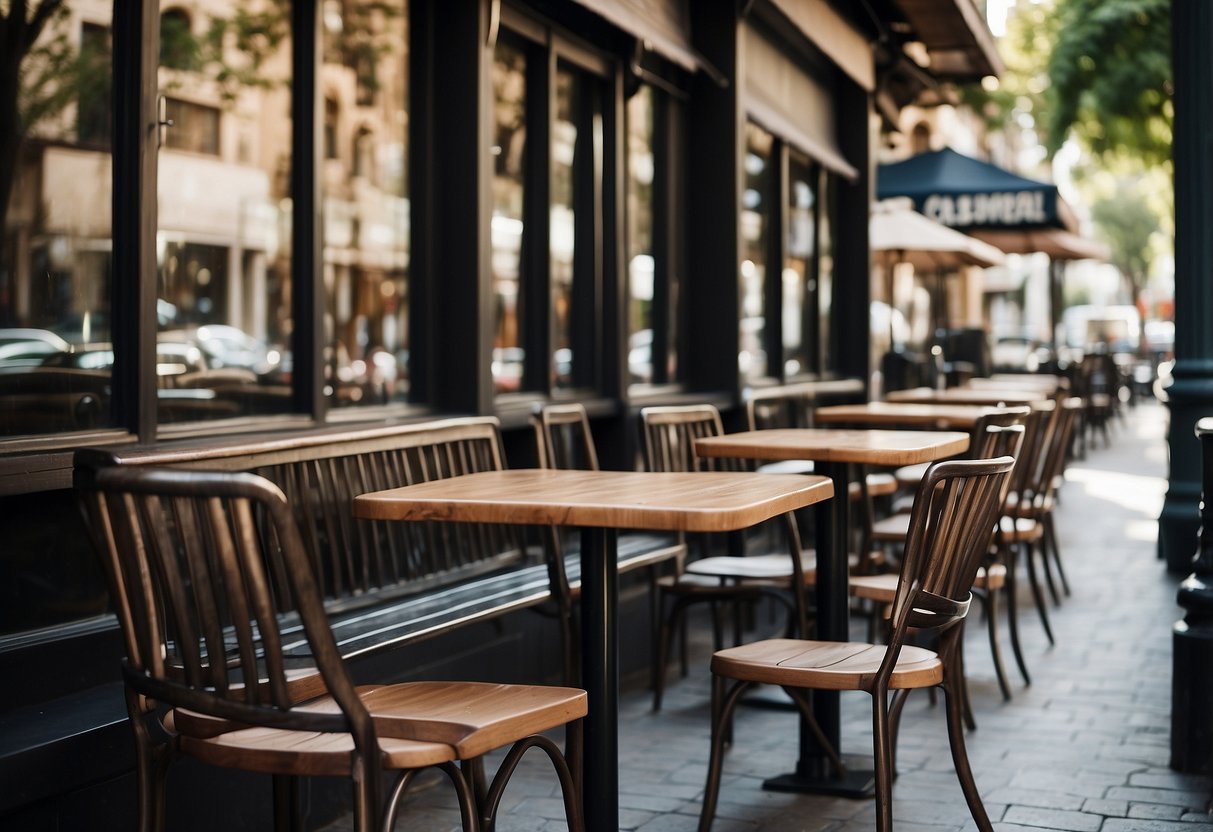 A deserted street with empty chairs and tables outside a cafĆ©, while a smartphone with the Instagram logo sits abandoned on one of the tables