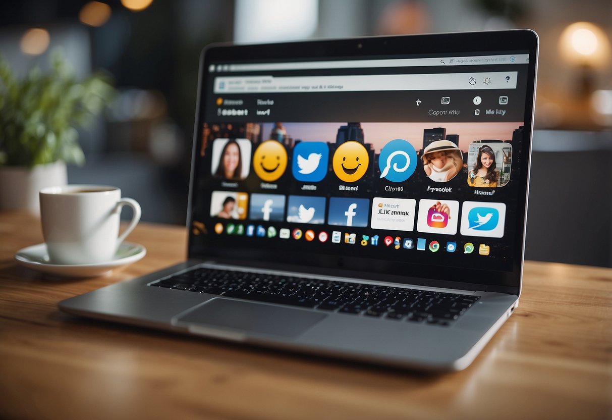 A laptop on a desk with a social media feed displaying engaging content and a group chat conversation with emojis and reactions