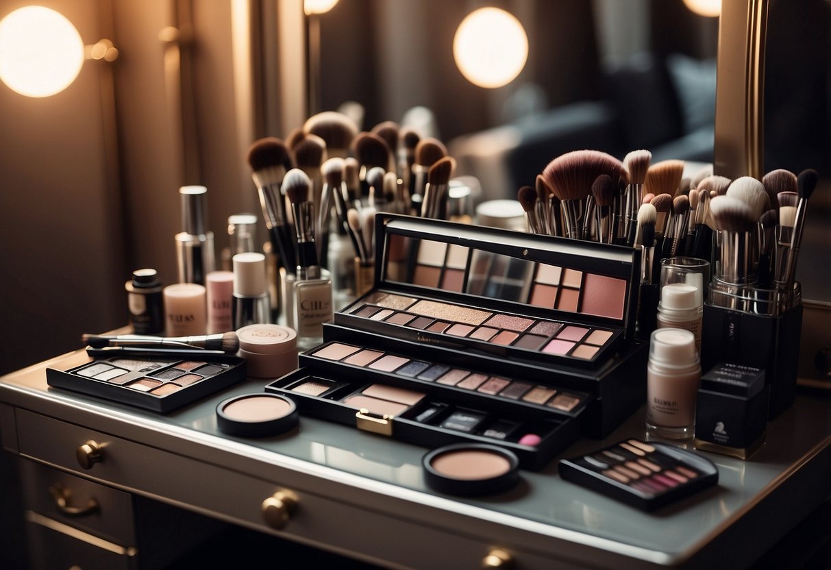 A cluttered vanity with open makeup palettes, brushes, and mirrors. A notebook with philosophical quotes and Instagram captions lies open next to a lipstick tube