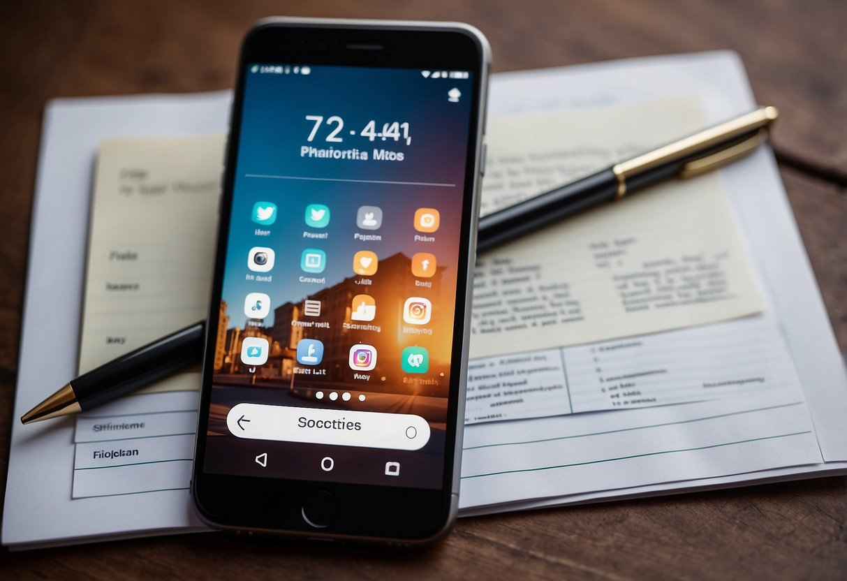 A smartphone with a stylized Instagram avatar on the screen, surrounded by strategic planning notes and a pen