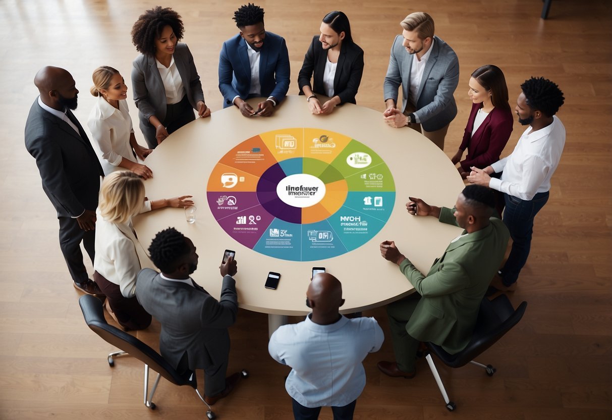 A group of diverse individuals stand in a circle, sharing ideas and collaborating on social media strategies. A banner with "Influencer Programs: Your Path to Success" hangs in the background