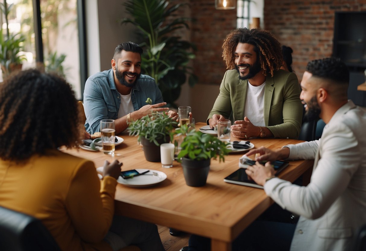 A vibrant and diverse group of influencers gather around a table, exchanging ideas and collaborating on content. The room is filled with energy and excitement as they discuss their path to success