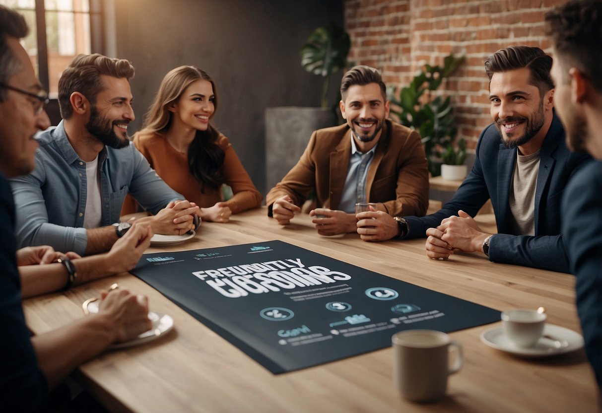 A group of influencers gather around a table, discussing strategies and success stories. A banner with "Frequently Asked Questions Influencer Programs" hangs in the background