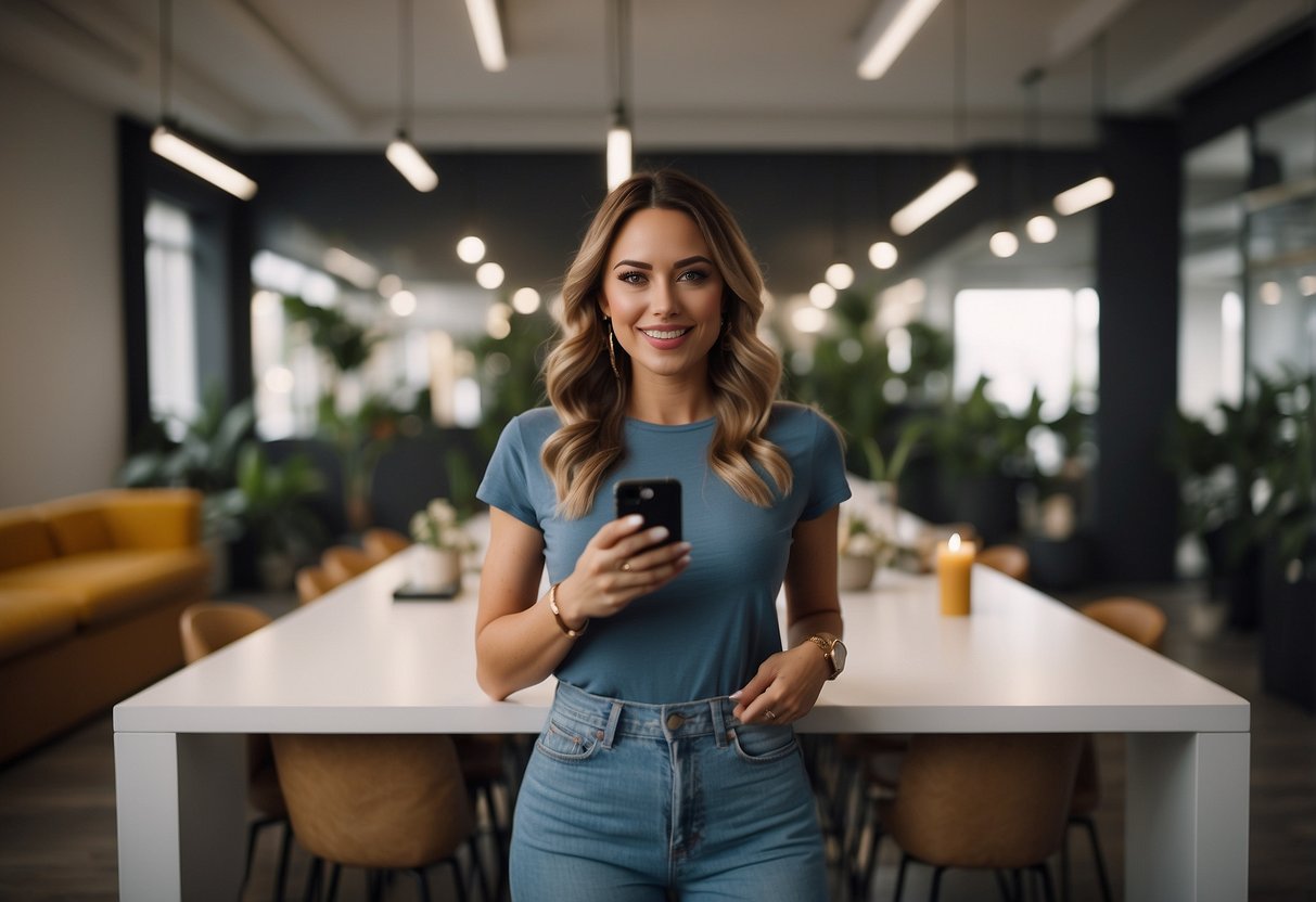 A branded influencer sits in a well-lit room, engaging with their audience on a smartphone. A branded backdrop and professional setup enhance the visual appeal