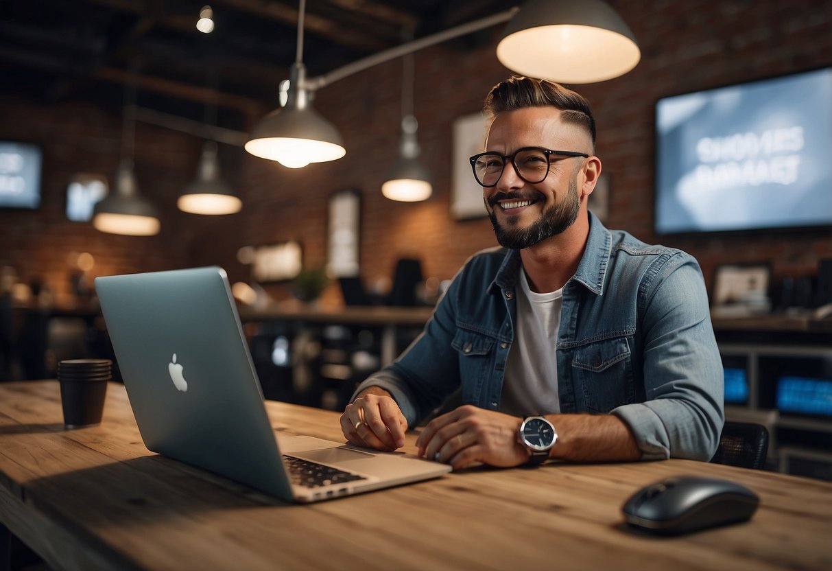 An influencer sits at a desk with a laptop and microphone, surrounded by branding materials. A thought bubble shows engagement with followers