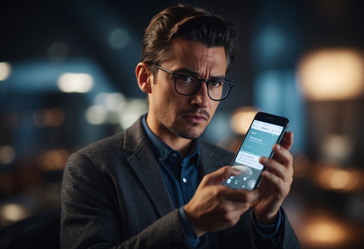 A frustrated person staring at a phone with an error message. The phone is held in their hand, with a puzzled expression on their face