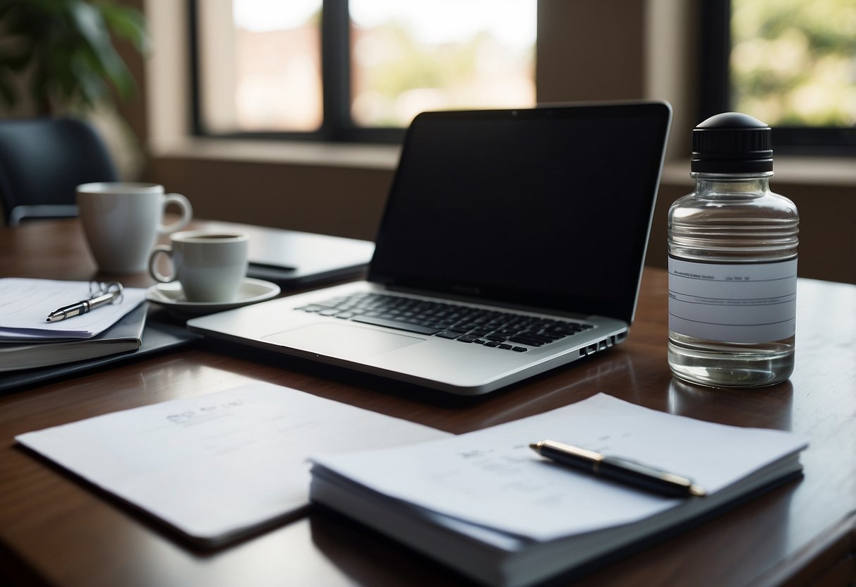 A desk cluttered with a laptop, notepad, and pen. A stack of business cards and a branded water bottle sit nearby. A contract and a pen lay on the desk, ready to be signed