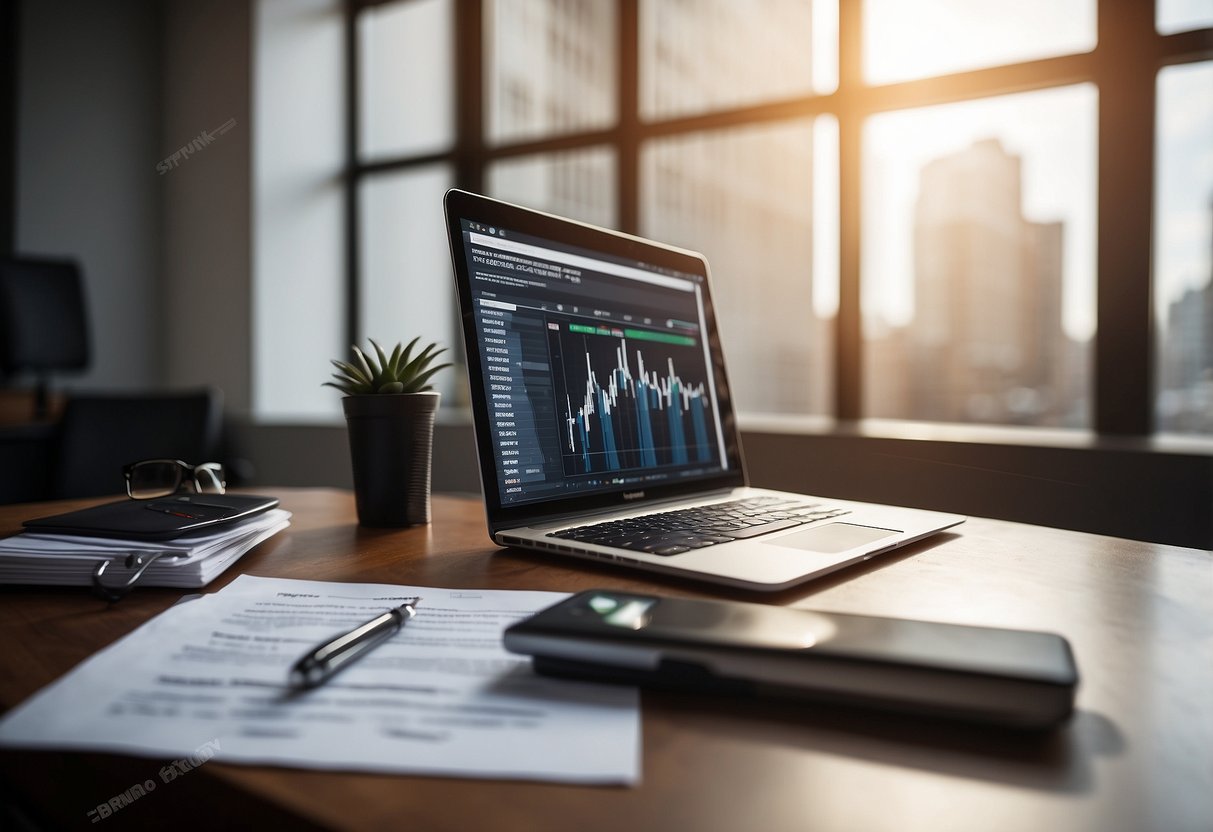 A desk with a laptop, notepad, and pen. Graphs and charts showing growth and engagement. A contract and pen ready to sign. Brand logos displayed