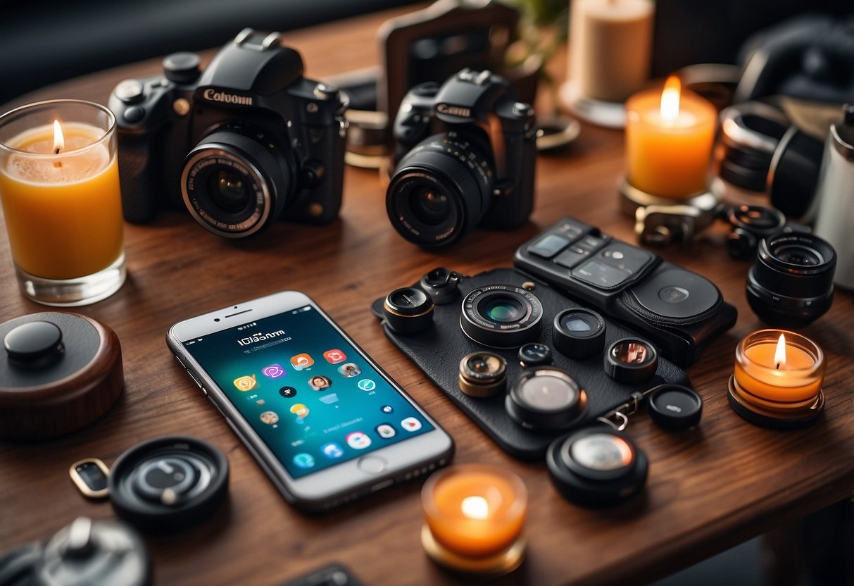 A group of diverse objects representing different interests and hobbies, arranged in a visually appealing flat lay style, with a smartphone displaying an Instagram feed featuring micro-influencers