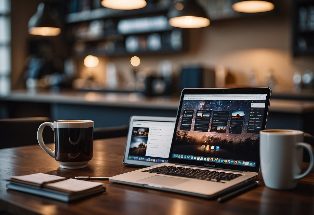 A laptop open on a desk with a blank Instagram profile on the screen, surrounded by notebooks, pens, and a camera. A cup of coffee sits nearby