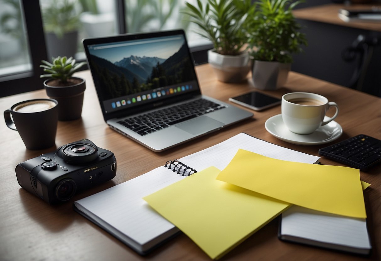 A desk with a laptop, camera, and notepad. A wall with post-it notes of content ideas. A plant and coffee mug