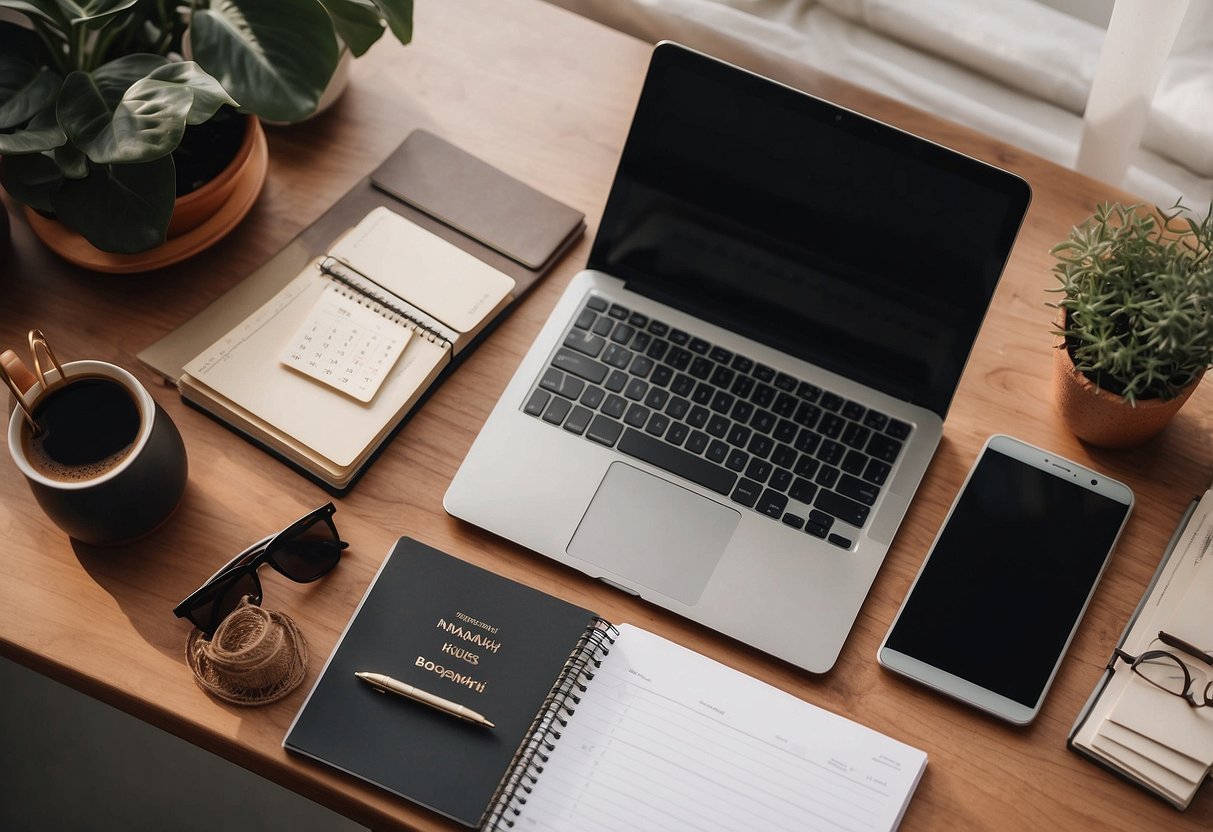 A desk with a laptop, notebook, and pen. A mood board with photos and inspiration. A calendar with content ideas. An Instagram logo in the background