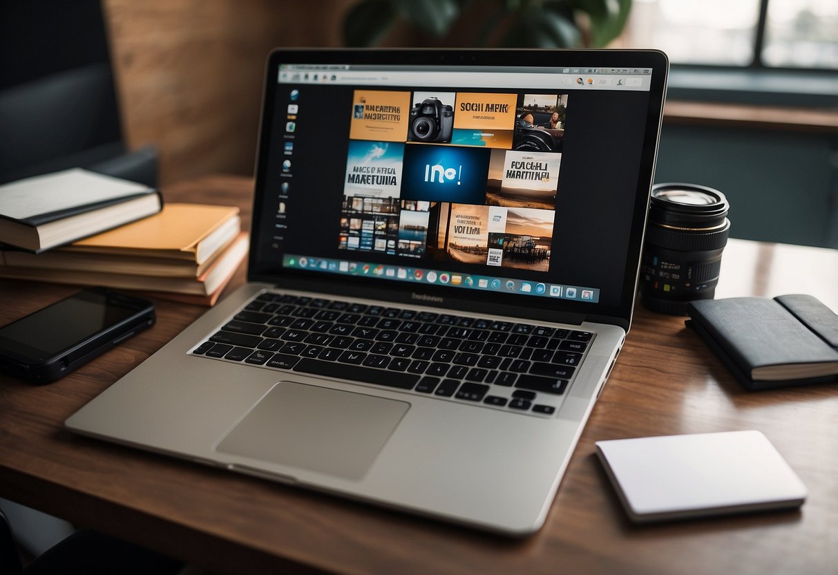 A laptop open on a desk with a blank Instagram profile displayed, surrounded by notebooks, pens, and a camera. A stack of books titled "Social Media Marketing" sits nearby