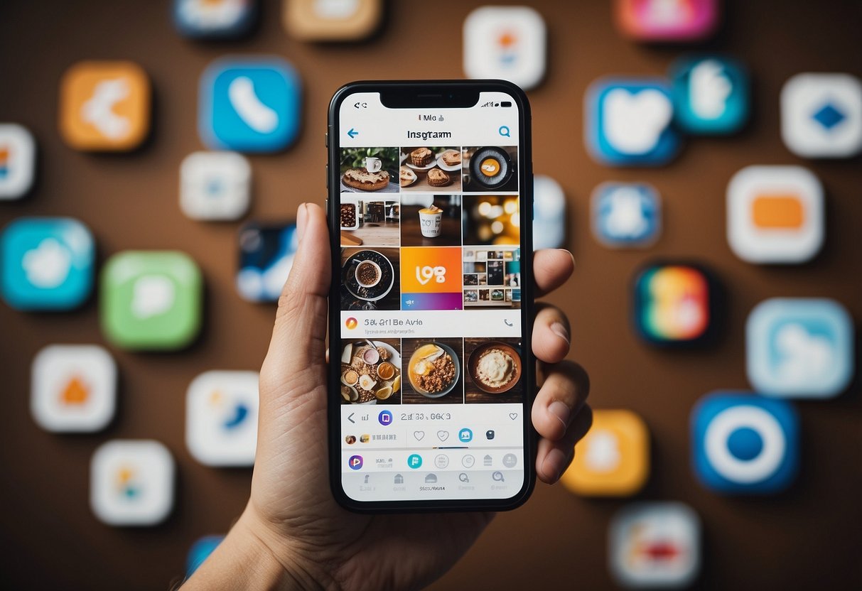 A smartphone with Instagram app open, surrounded by icons of likes, comments, and followers