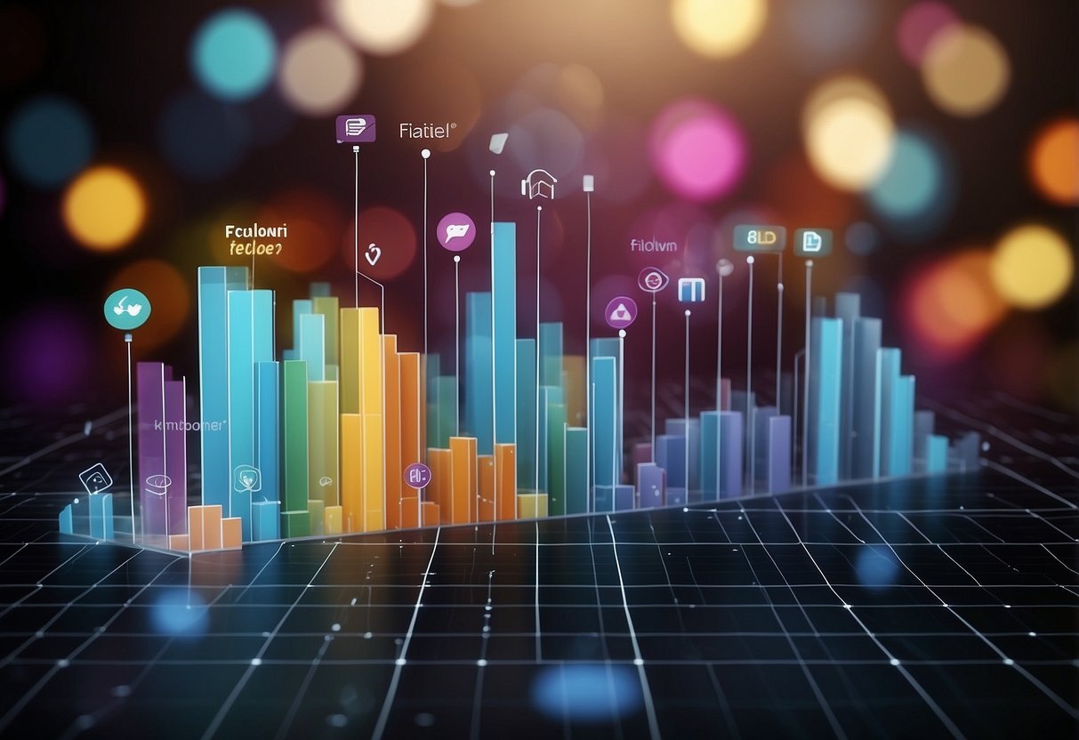 A graph showing social media follower growth and engagement metrics, with colorful bars and line charts representing the increase in followers and engagement over time